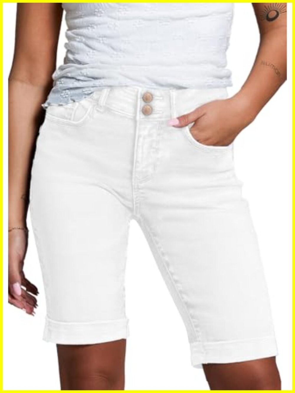 Women's High Waisted Bermuda Jean Shorts Folded Hem Denim Bermuda